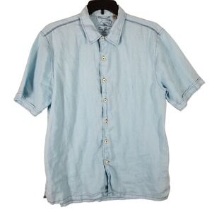 True Grit California Mens Large Light Blue Linen Short Sleeve Button‎ Down Shirt